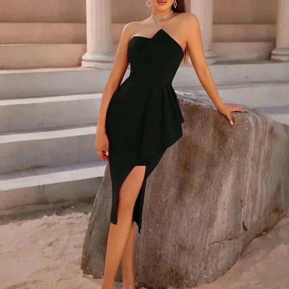 Black Preppy Womens Asymmetrical Hem Tube Bodycon Dress